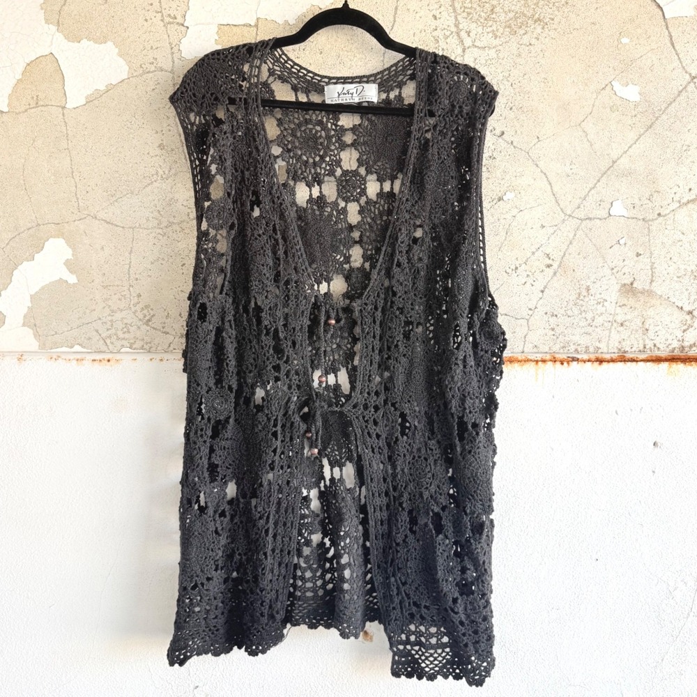 Vtg Crochet Vest Duster Floral Lace Boho Katy D Kathryn Deene 90s Boho Festival